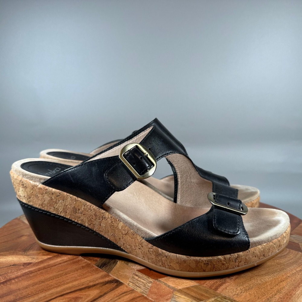 Dansko Sophie Black Leather Cork Wedge Slide Sandals Women 41 EU 10.5-11 US